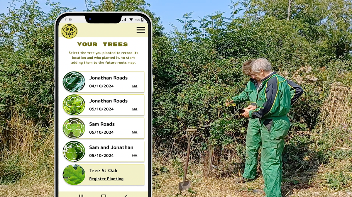 Future Roots Tree Registering Screen Image, with farmer and son planting tree.