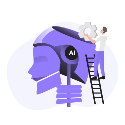 Illustration of a large robot head labeled 'AI,' with a person standing on a ladder, inserting a gear into the robot's head, symbolizing the development or maintenance of artificial intelligence.