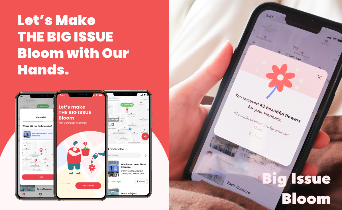 Two side-by-side images promoting the Big Issue Bloom app. The left side shows three phones displaying vendor-finding features, while the right side highlights an in-app reward screen thanking the user for their support with "flowers.