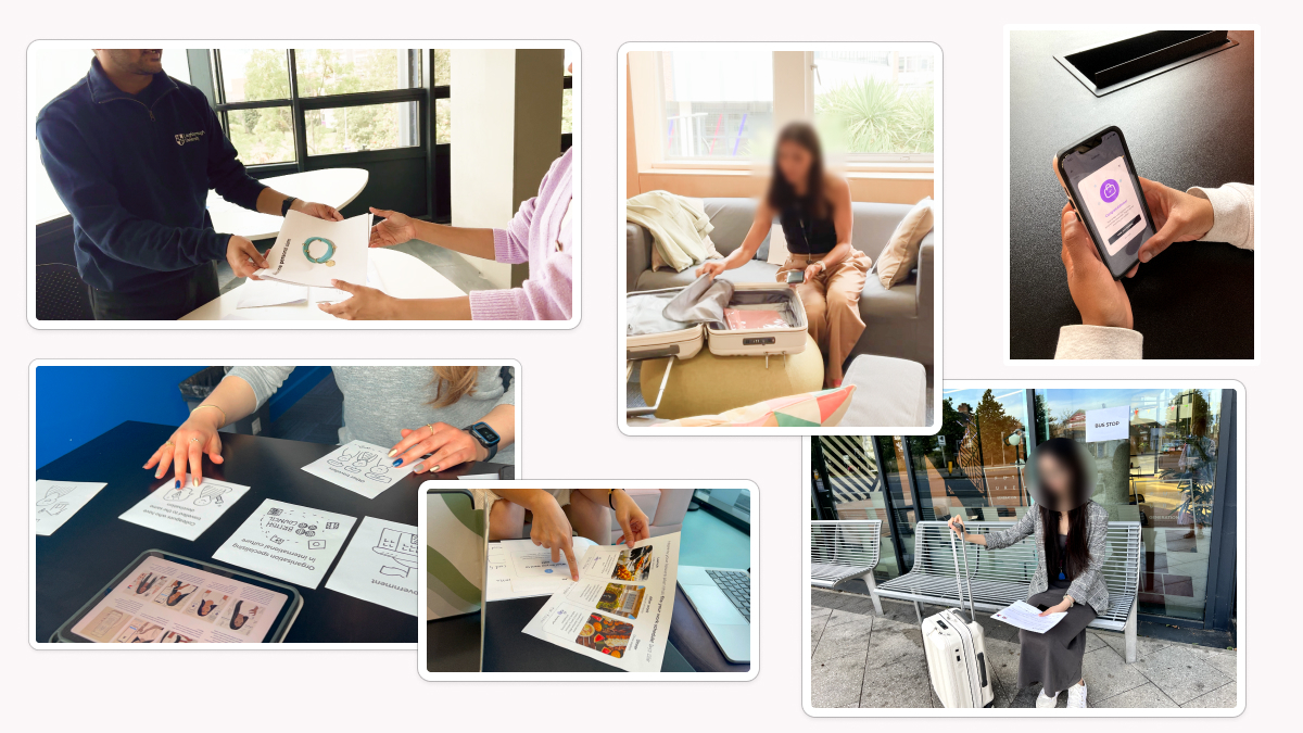 A collage of images showcasing various stages of usability testing for Bles. It includes scenes of participants interacting with paper prototypes, role-playing with borrowed safety items, and using a mobile app for planning and navigation. The testing activities focus on practicality, user engagement, and emotional impact.