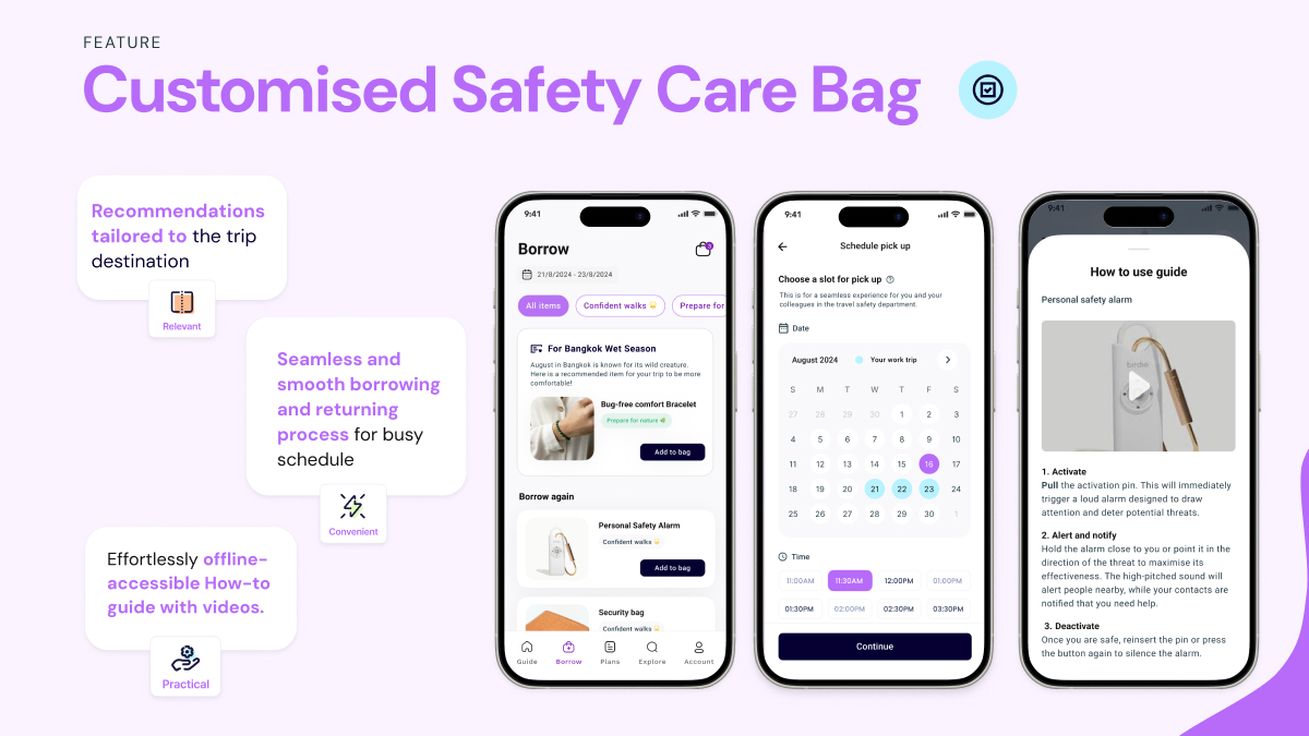 A mobile interface showing the customized safety care bag feature of Bles. The feature offers tailored safety item recommendations based on the user's trip destination. The app also highlights a seamless borrowing and returning process, and an offline how-to guide for using the safety items.
