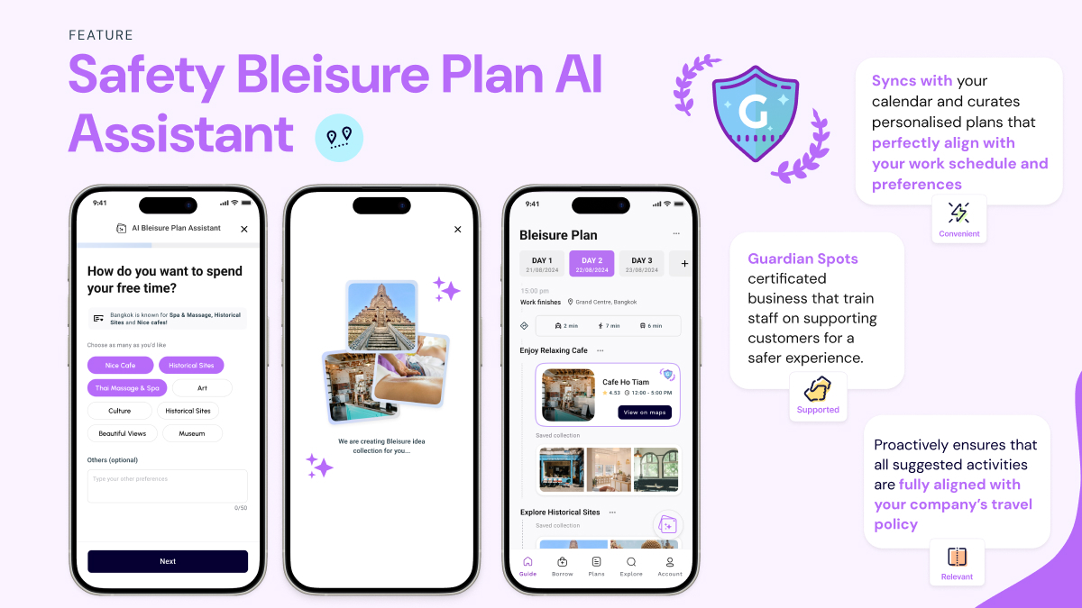 A mobile interface for the Safety Bleisure Plan AI Assistant. It integrates leisure activities into work schedules while ensuring safety compliance with company travel policies. The AI syncs with the user's calendar and highlights Guardian Spots—certified businesses with trained staff for a safer experience."