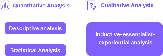 Visual representation of Quantitative Analysis (Descriptive analysis, Statistical Analysis) and Qualitative Analysis (Inductive-essentialist-experiential analysis)..