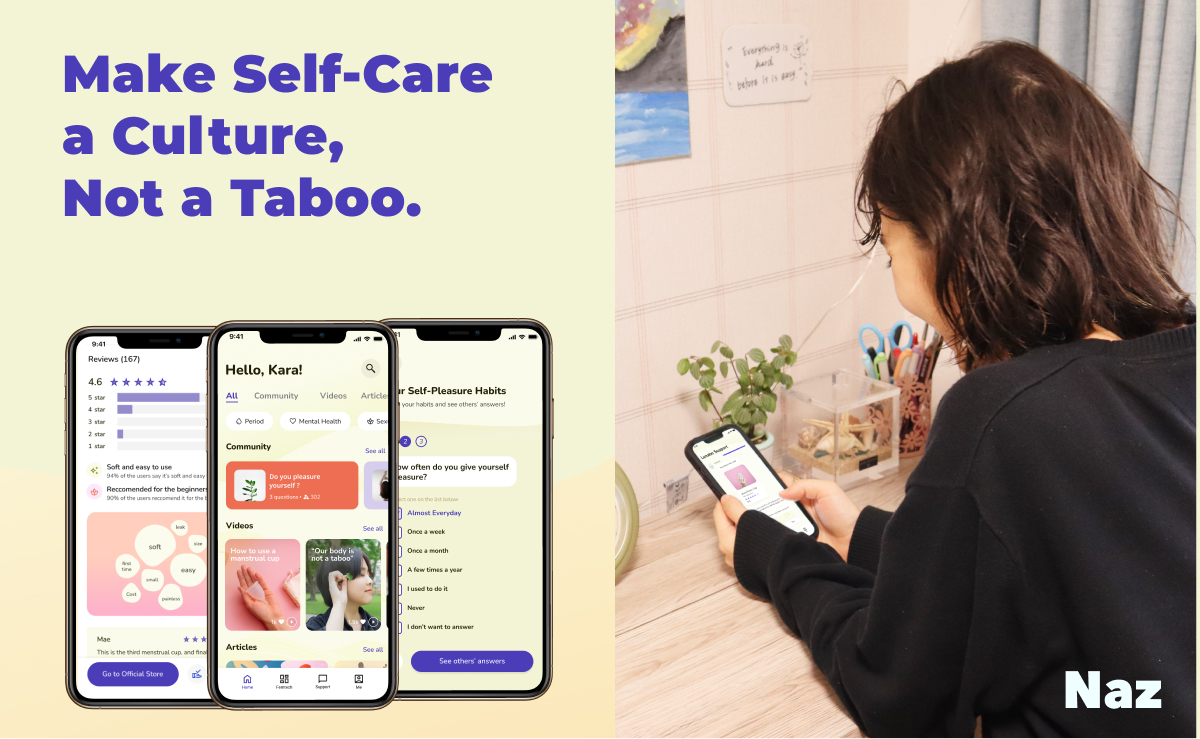 Alt Text: "Naz app screens with self-care and community features for women’s health and well-being, alongside a user engaging with the app.