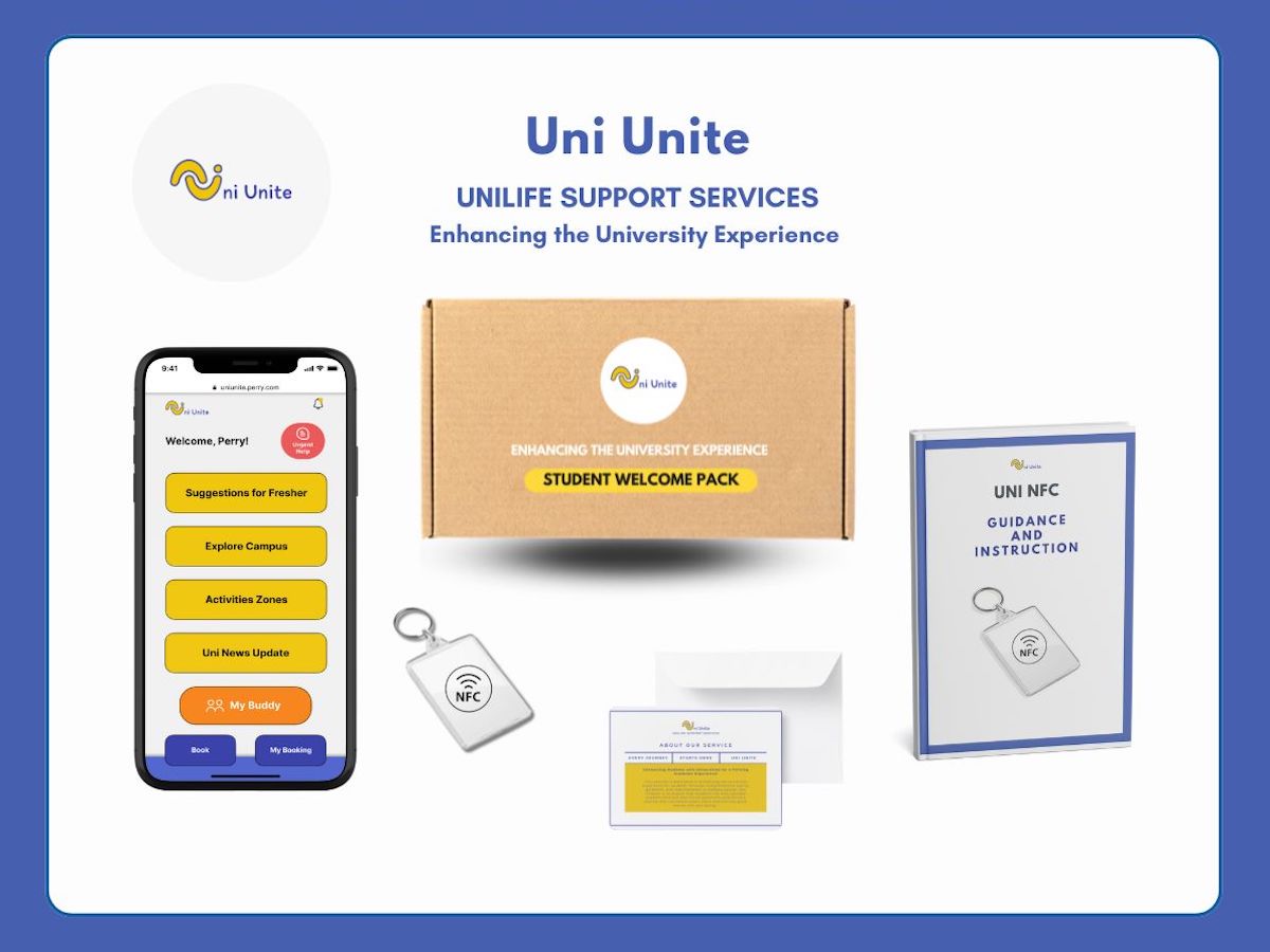 Uni Unite thumbnail with welcome pack including NFC key chain, introduction card, and guidance book