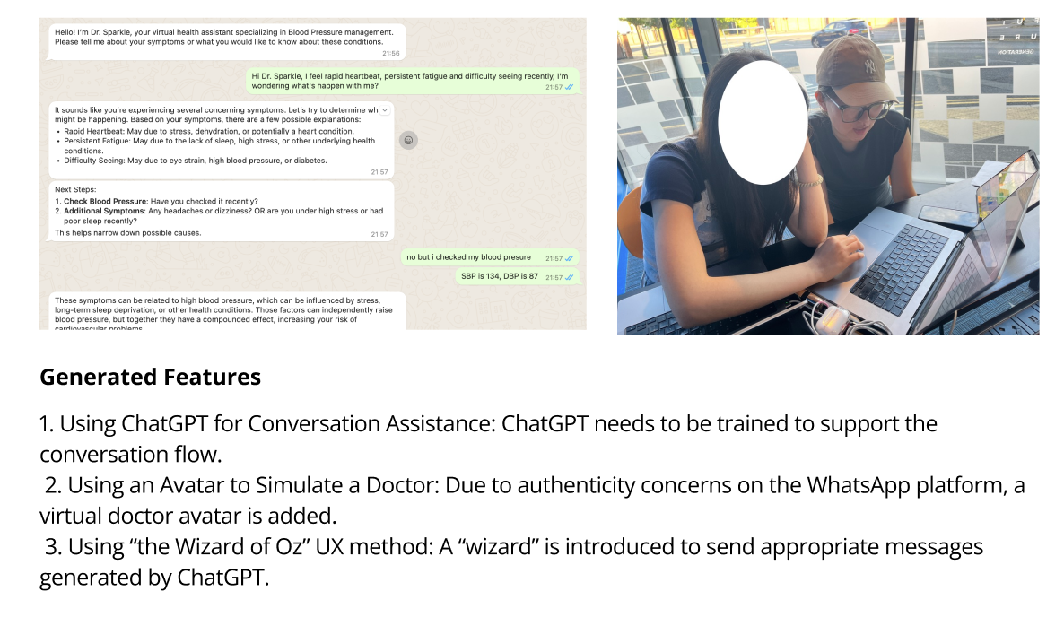 Two images showing a WhatsApp chatbot conversation discussing health symptoms and two individuals working on a laptop. Text below outlines generated features, including using ChatGPT for conversation, an avatar for a virtual doctor, and the ‘Wizard of Oz’ UX method for message delivery