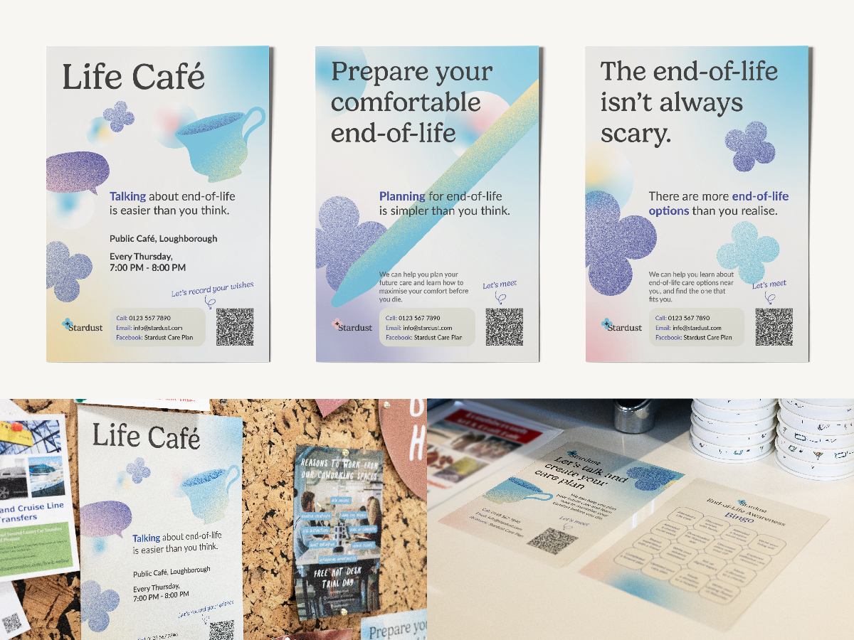 Mockups and photographs of Stardust's poster and leaflet designs.