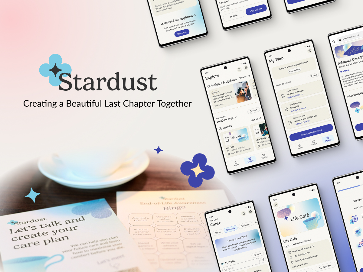 Stardust: Creating a Beautiful Last Chapter Together, showcasing a leaflet and mobile application.