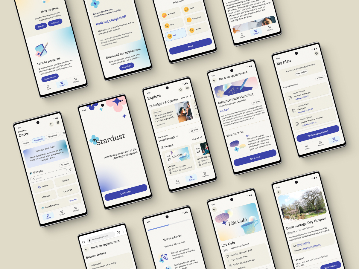 Thirteen screen mockups of the Stardust application design.