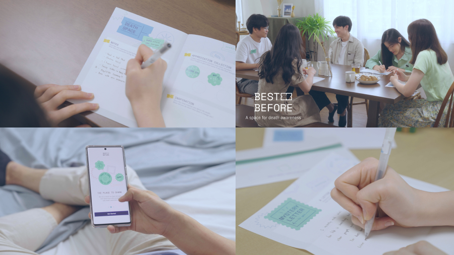 Four images showcasing activities at Best Before, a space for death awareness, including writing notes during Death Space, group discussions, using the app, and writing a Mystery Letter.