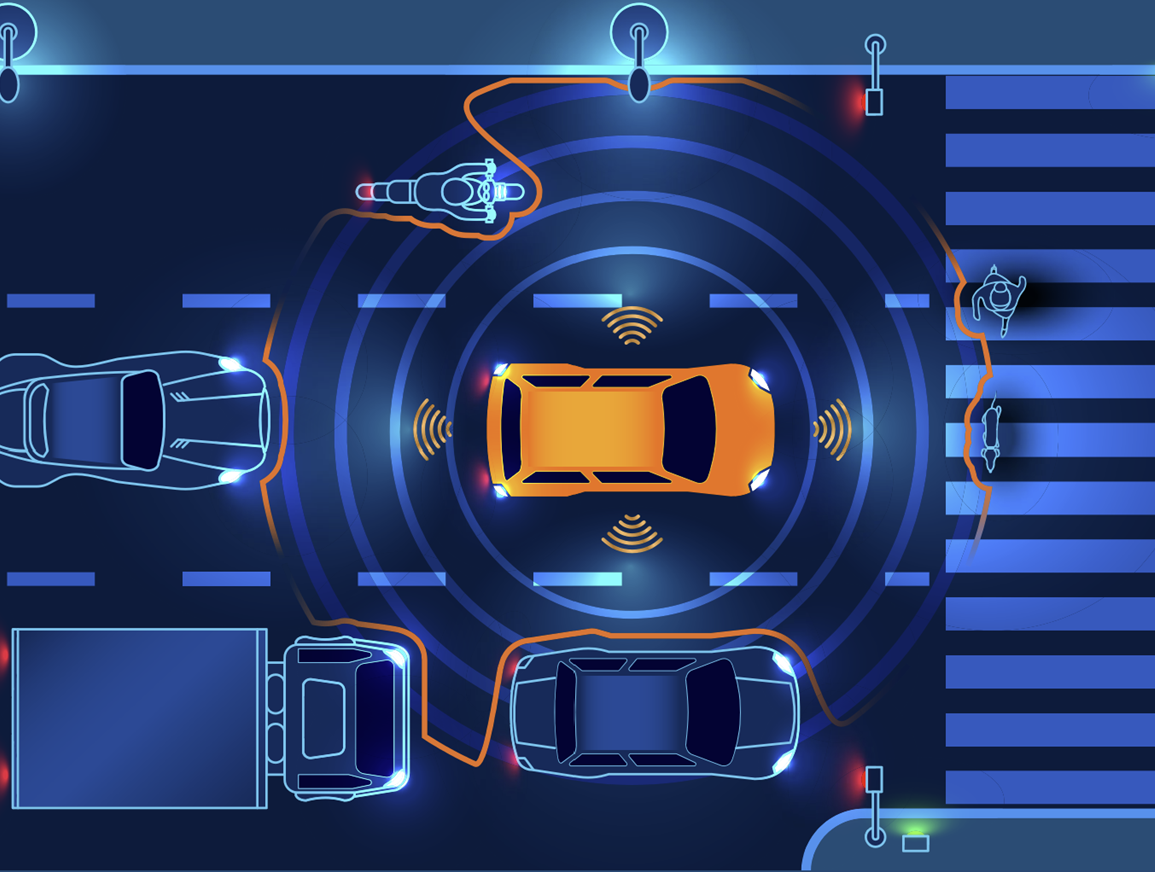 Image depicting autonomous and connected vehicle technology communication