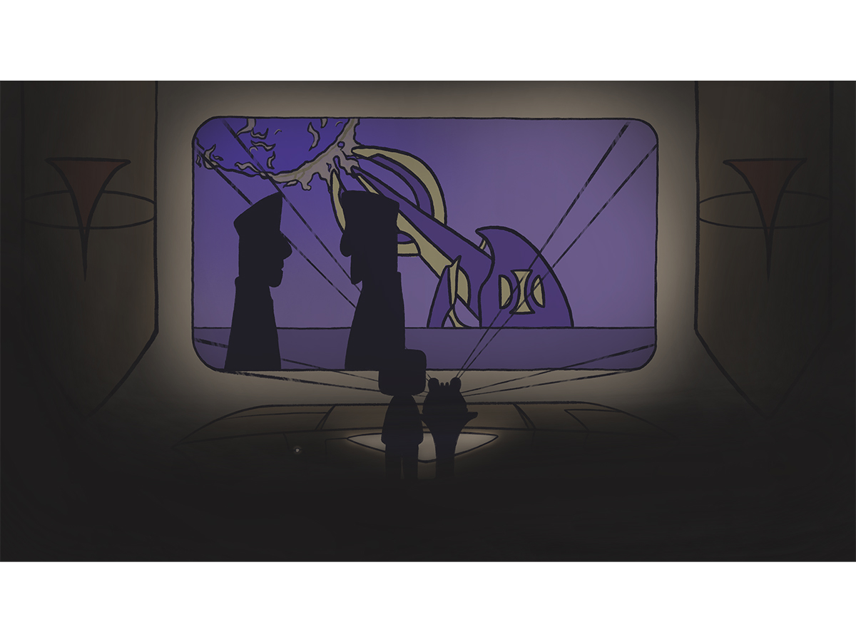 Screenshot of the animation: the little monster is showing a video to the protagonist in darkness. There are two people in the video who seem to be having a secret conversation, and there is a strange large turret in the background.