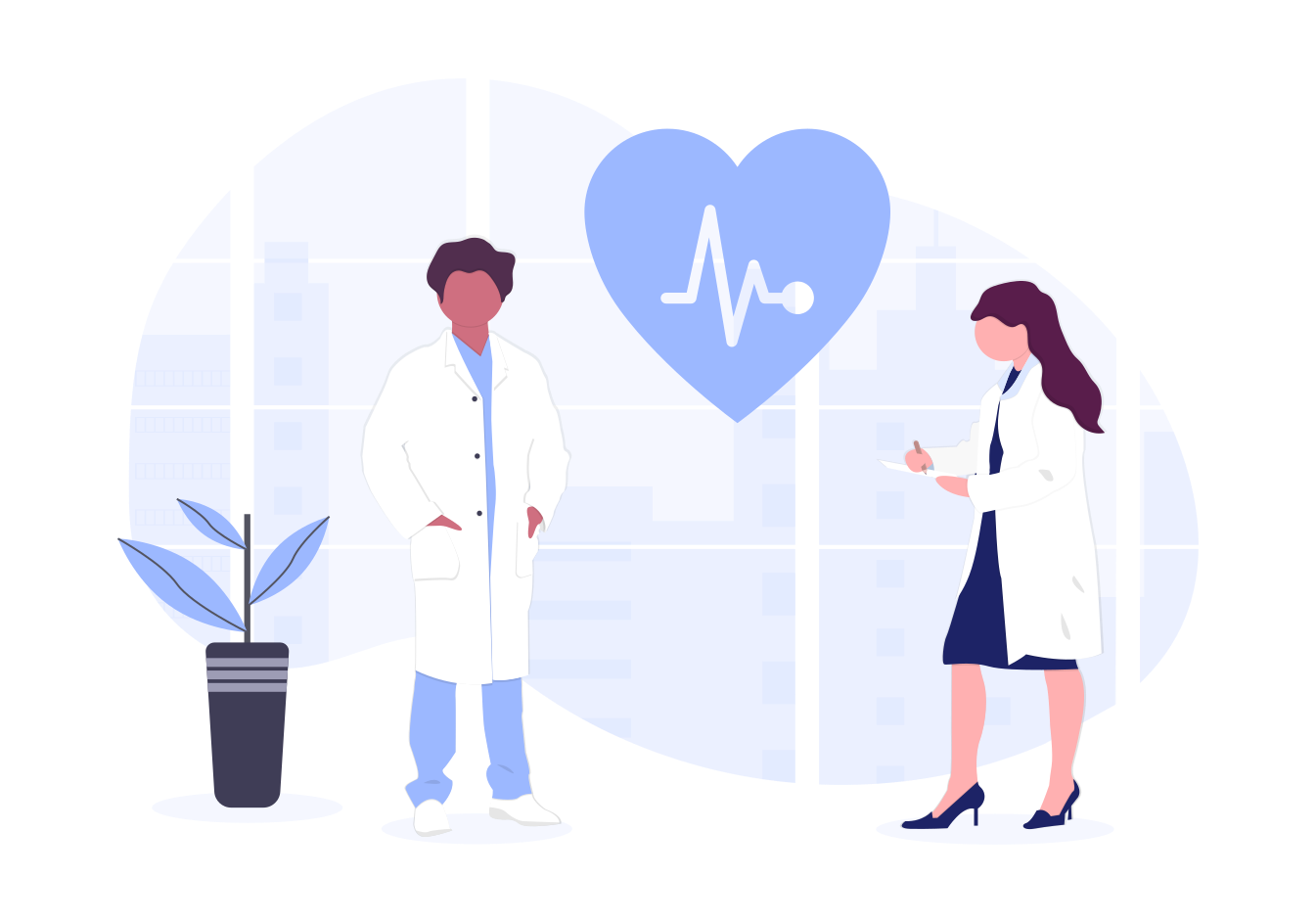 Two healthcare professionals in lab coats standing and discussing, with a heart symbol and an electrocardiogram line in the background, representing healthcare and medical consultation.