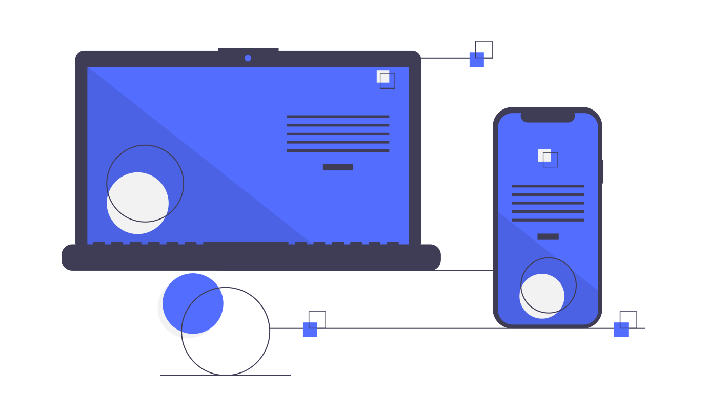 Illustration of a laptop and smartphone connected by lines, symbolizing cross-device compatibility and interaction, representing the implications of designing responsive digital solutions.